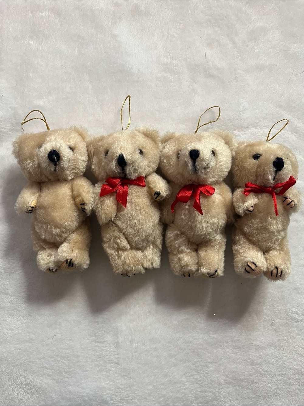 Vintage Set of Four Plush Teddy Bear Ornaments with Red Bows